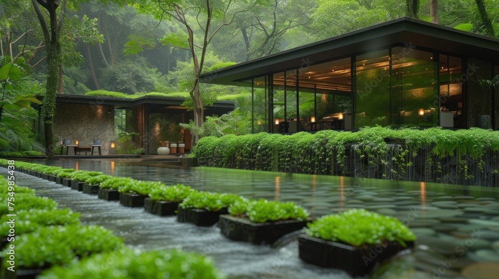 a house in the middle of a forest with a pond in front of it and a waterfall in the middle of the yard.