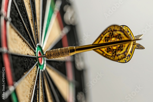 Arrow hit the center of target, business leadership and attempts, aim strategy, achievement focus concept. Darts, a golden dart stuck in a target. Dartboard is the target and goal