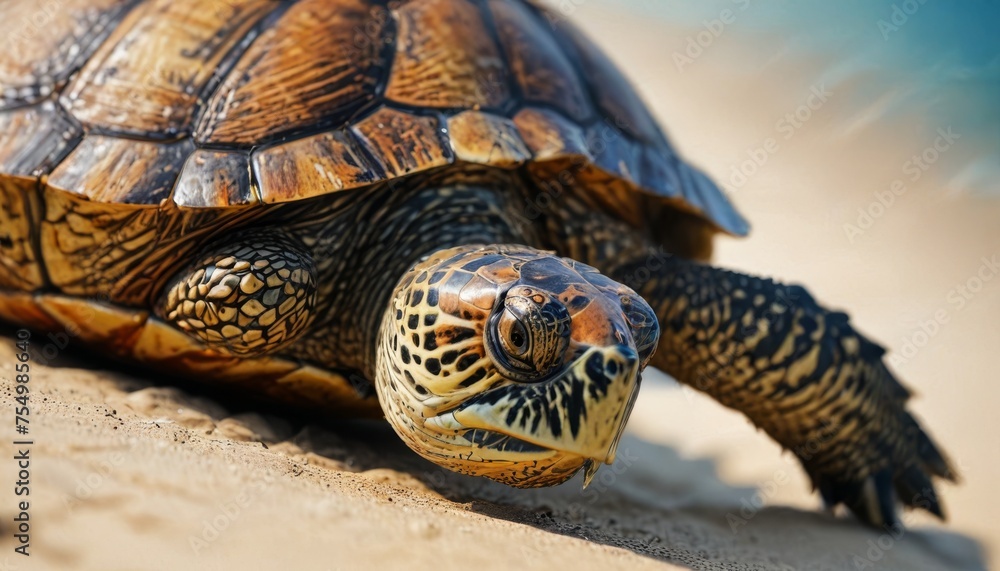 Naklejka premium a close up of a turtle on a beach near a body of water with a blue sky in the background.