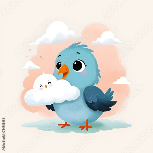 Cute Bird Cuddling with a Cloud for toddlers