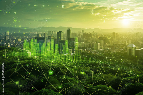Social media networking systems. Abstract background of green smart futuristic city. Sprawling green community with Digital smart city infrastructure and rapid data network