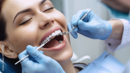 A woman with a perfect smile sits comfortably in a dental chair  radiating confidence. Dental consultation and Dental treatment. Generative AI.