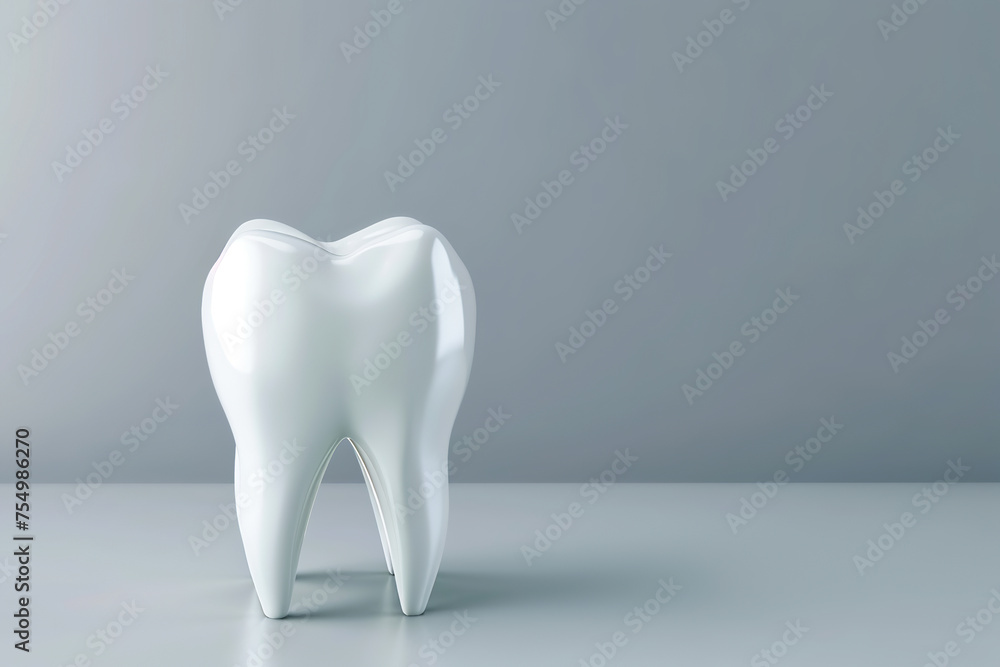 White tooth on gray background with copy space. Ceramic tooth and dentist equipment White tooth on gray background with copy space. Ceramic tooth and dentist equipment