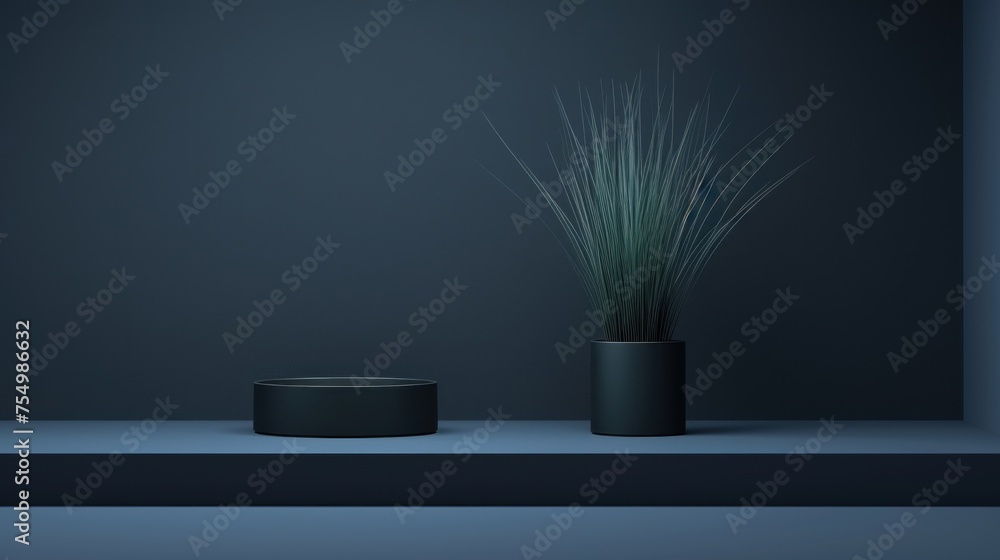 a potted plant sitting on a shelf next to a black container with a green plant on top of it. a potted plant sitting on a shelf next to a black container with a green plant on top of it.