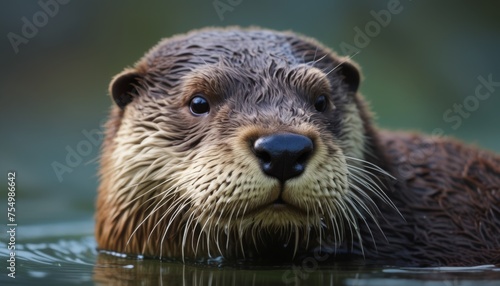 a close up of a wet otter in a body of water with it's head above the water's surface. © Velko