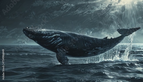  a painting of a humpback whale jumping out of the water in front of a storm - filled sky.