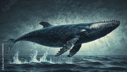 a painting of a humpback whale jumping out of the water with it's mouth open and it's mouth wide open. © Velko
