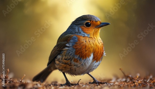  a close up of a small bird on a ground with leaves in the foreground and a blurry background.
