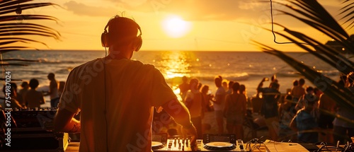  A DJ mixing outdoors during a summer beach party at sunset
