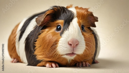  a close up of a guinea pig with a white and brown face and black and white stripes on it's head.