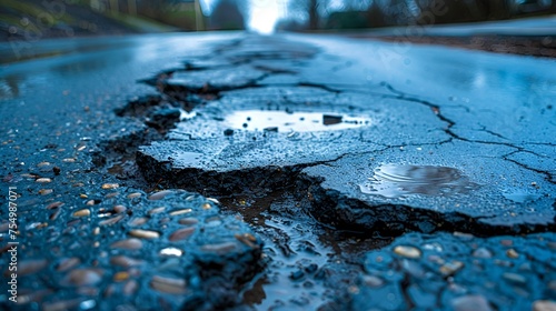 A cracked road with potholes photo