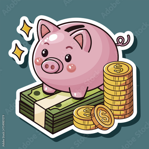 Cute cartoon design sticker with funny smiling piggy bank standing on bankroll near stack of coin. Concept of money saving, economy. Life within means. Isolated on teal background. Vector illustration