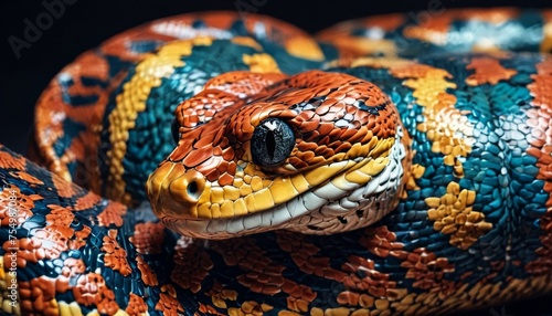  a close - up of a colorful snake's head on a black background, with a black eye in the center of the snake's head.