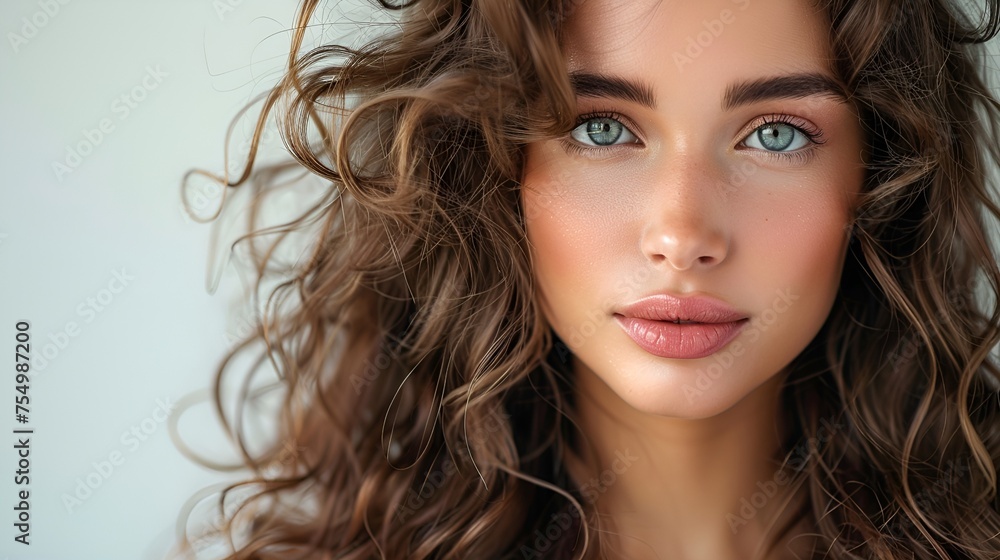 A portrait of a beautiful young woman with curly brown hair and green eyes.