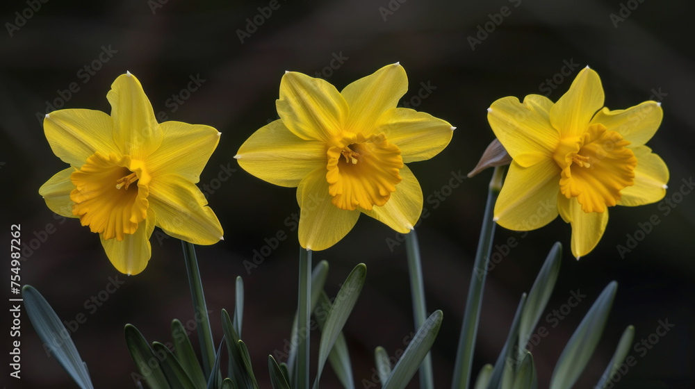 Fototapeta premium three yellow daffodils are blooming in a field of green grass and a blurry background is in the foreground.