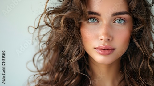 A portrait of a beautiful young woman with curly brown hair and green eyes.