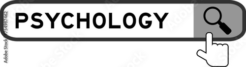 Search banner in word psychology with hand over magnifier icon on white background