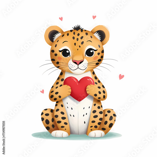 Cute cartoon cheetah holding red heart kids story book illustration