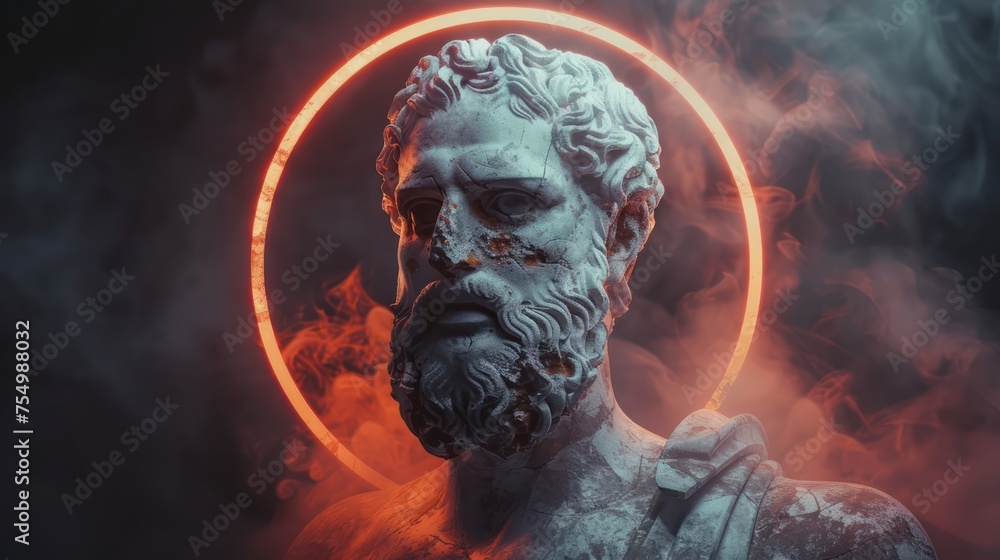 Surreal 3D illustration of a marble ancient Greek statue of a King with a beard. Contemporary art in digital format Surreal 3D illustration of a marble ancient Greek statue of a King with a beard. Contemporary art in digital format