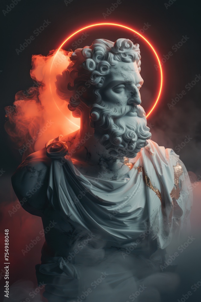 Surreal 3D illustration of a marble ancient Greek statue of a King with a beard. Contemporary art in digital format Surreal 3D illustration of a marble ancient Greek statue of a King with a beard. Contemporary art in digital format