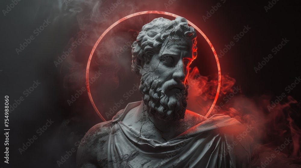 Surreal 3D illustration of a marble ancient Greek statue of a King with a beard. Contemporary art in digital format Surreal 3D illustration of a marble ancient Greek statue of a King with a beard. Contemporary art in digital format