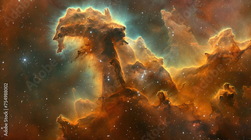 a large cluster of stars in the middle of a space filled with orange and blue clouds and stars in the middle of the sky.
