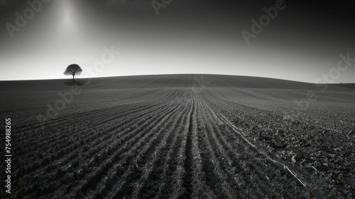 a black and white photo of a lone tree in the middle of a large field with a hill in the background.