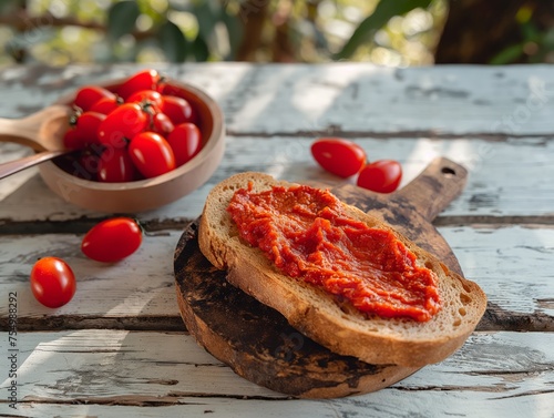 A close-up view of a sandwich placed on a wooden table with Red Zacusca spread over it, showcasing the ingredients and textures of the meal. photo