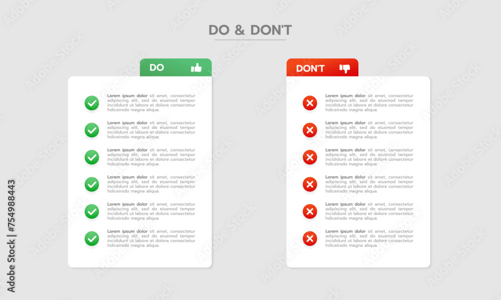 Do's and Don'ts Pros and Cons VS Versus Comparison. Infographic Design ...