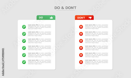 Do's and Don'ts Pros and Cons VS Versus Comparison. Infographic Design Template. Infographic comparison table. Vector illustration.