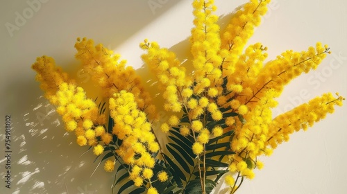 a vase filled with yellow flowers sitting on top of a white table next to a green leafy plant on top of a white wall. photo