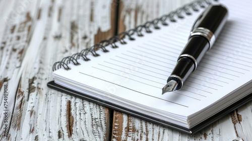 a pen sitting on top of a notebook on top of a wooden table next to an empty page of lined paper.