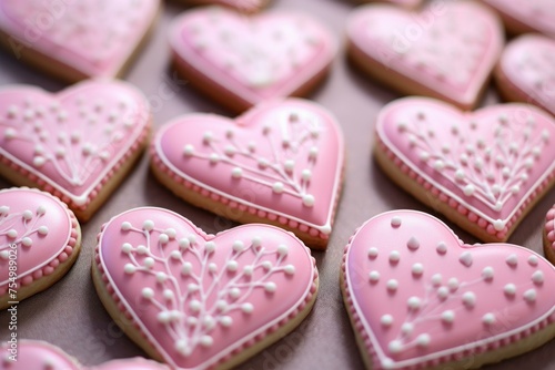 Appetizing Pink colorful heart cookies. Sugar sweet dessert romantic pastry. Generate Ai