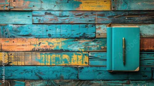a blue refrigerator freezer sitting on top of a wooden wall next to a wall of colorful wood planks. photo