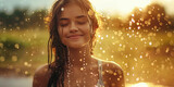 Joy in the Summer Rain. Portrait of smiling young woman smiling in summer rain, with water droplets adorning her face, copy space.