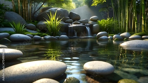 Zen stones, bamboo and water in a peaceful zen garden