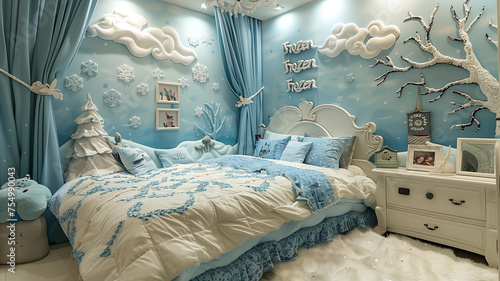 Create a fairy tale retreat with Frozen-inspired bedding, wall decals of Elsa's ice palace