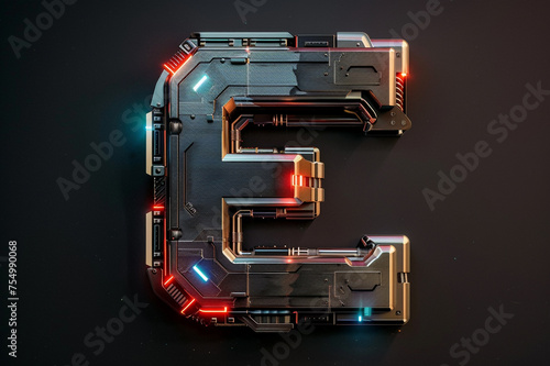 Futuristic 3D uppercase typography, alphabet letter E with metal texture and glowing LED lights isolated on dark background, beautiful unique font design for poster, logo, science fiction movie etc. photo