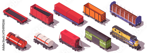 Collection of railway train wagon, locomotive transport, cargo transportation, railroad carriage, set of rail vehicle, cute cartoon design. Isolated on white background. Isometric vector illustration