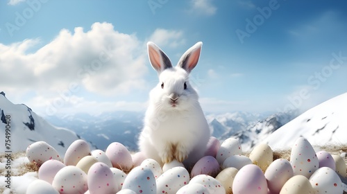 a white easter bunny with clourfull easter eggs sitting on top of a snow covered hill © Minhas