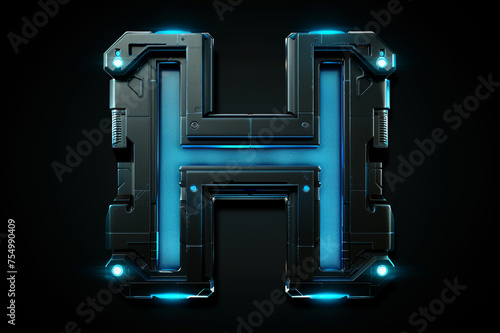 Futuristic 3D uppercase typography, alphabet letter H with metal texture and glowing LED lights isolated on dark background, beautiful unique font design for poster, logo, science fiction movie etc. photo