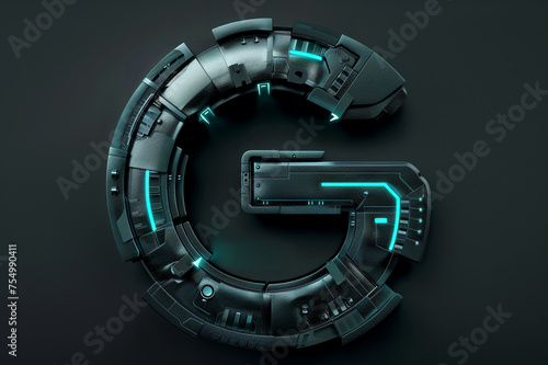 Futuristic 3D uppercase typography, alphabet letter G with metal texture and glowing LED lights isolated on dark background, beautiful unique font design for poster, logo, science fiction movie etc. photo