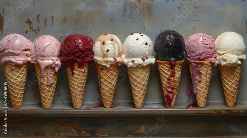 a row of ice cream cones sitting next to each other on a metal shelf in front of a rusted wall. photo