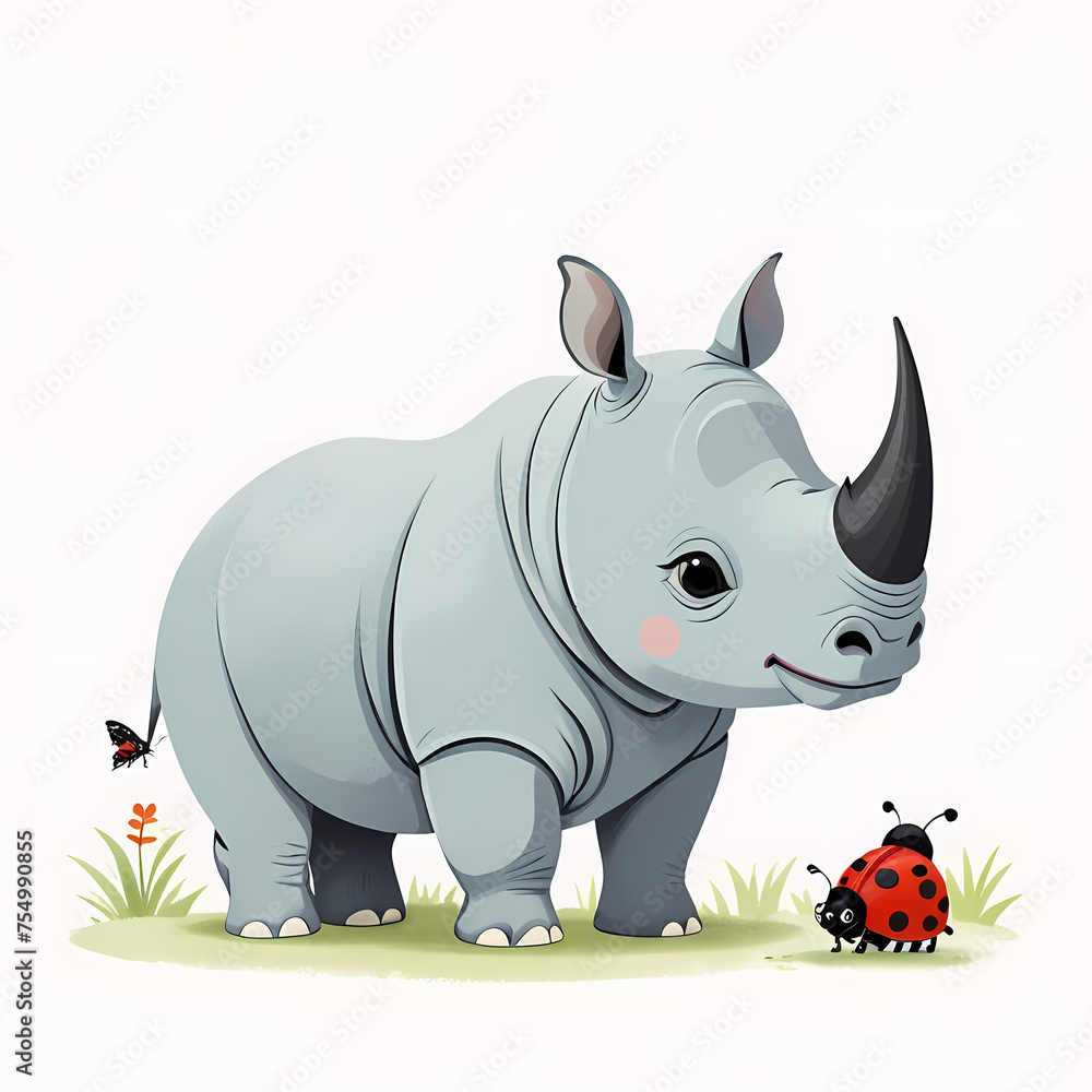 Fototapeta premium Cute cartoon rhinoceros with ladybug kids story book illustration