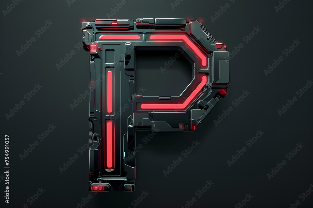 Futuristic 3D uppercase typography, alphabet letter P with metal texture and glowing LED lights isolated on dark background, beautiful unique font design for poster, logo, science fiction movie etc.