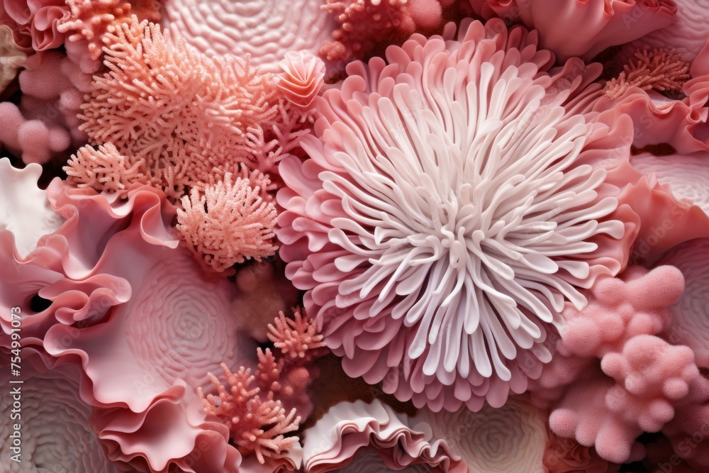 Undulating Pink coral reef ocean nature closeup. Paradise underwater colorful aquatic nature. Generate Ai
