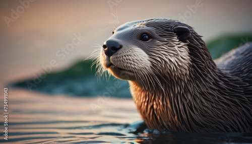 a close up of a sea otter swimming in a body of water with a green island in the back ground.