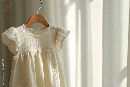 An elegant white dress for a baby's baptism, hung on a wooden hanger against a soft background, capturing a sense of purity and tradition