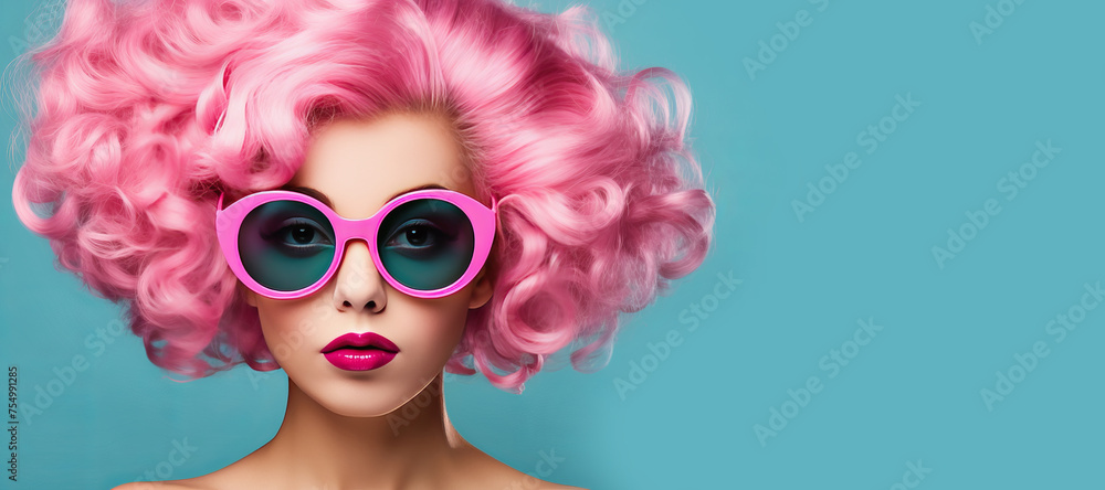 Young woman, blonde hair and pink sunglasses, retro style concept, make up, portrait on blue background, banner, copy space