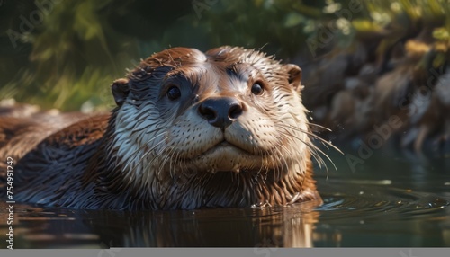  a close up of a wet otter in a body of water with his head above the water's surface.